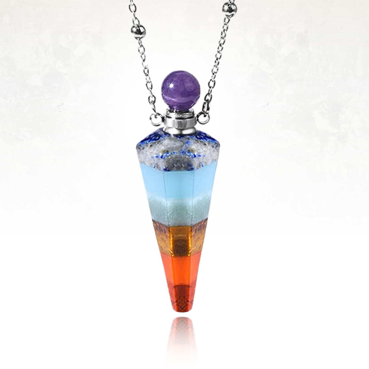 Collier fiole en pierre naturelle représentant les 7 chakras, accessoire bien-être et parfumerie