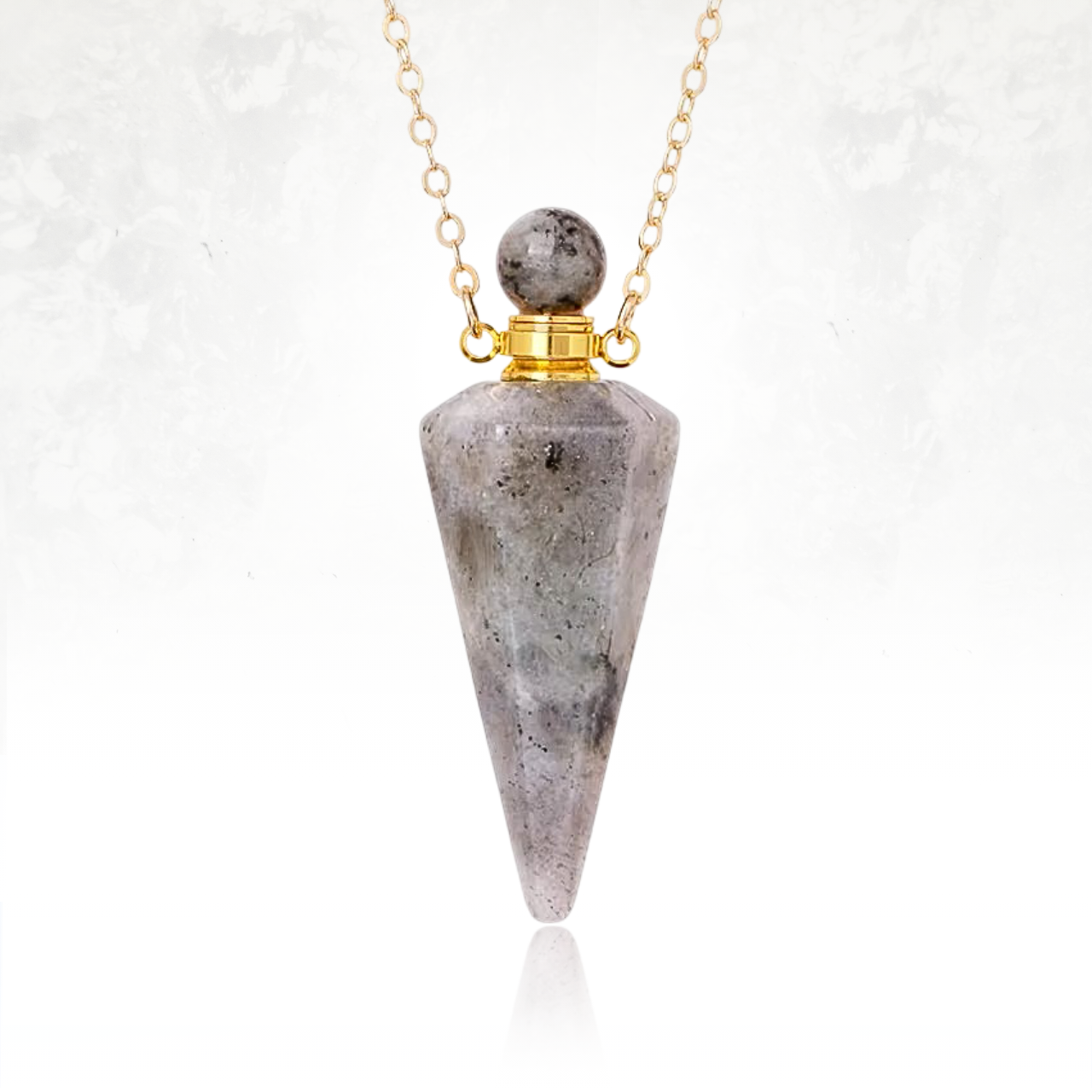 collier ACITINE en spectrolite avec une fiole integrée pour y mettre du parfu ou des huiles essentielles