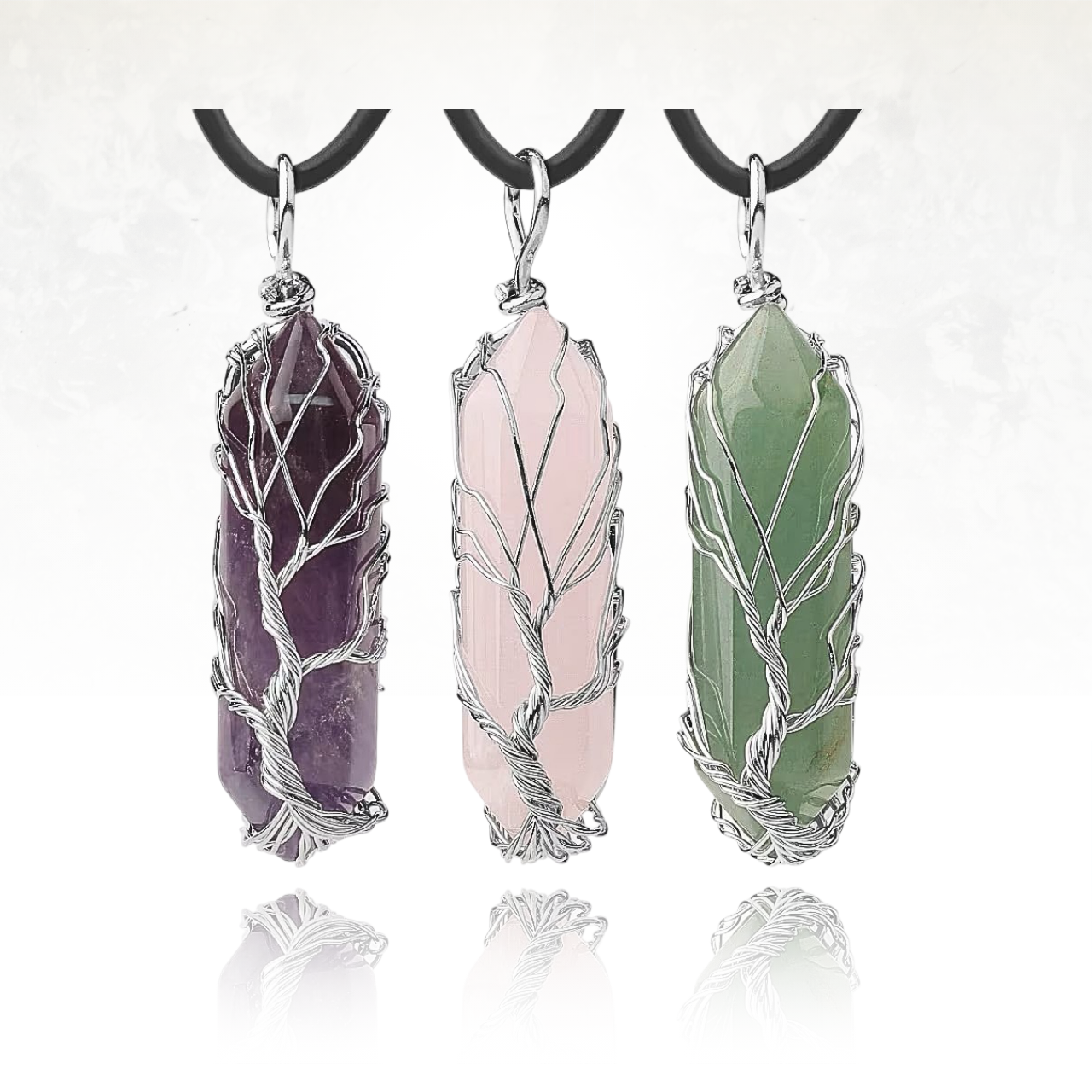 Collier mystique en pierre naturelle avec symbole Ă©sotĂ©rique dâarbre.