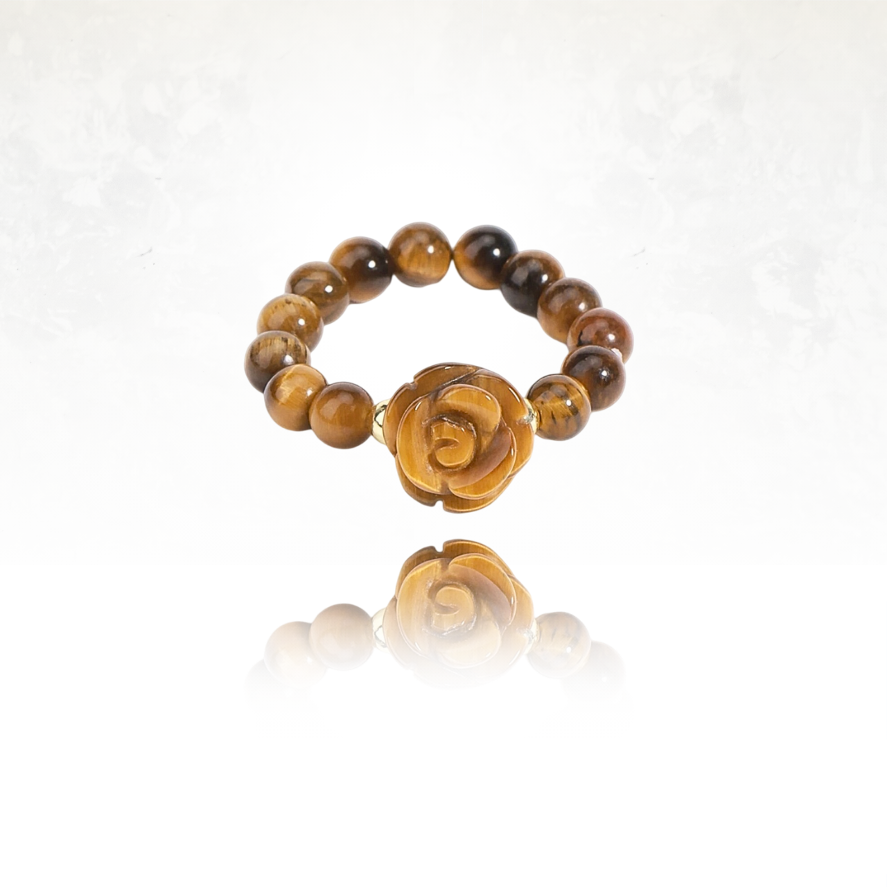 Bijou floral en pierre naturelle : bague rose en oeil de tigre avec perles assorties.