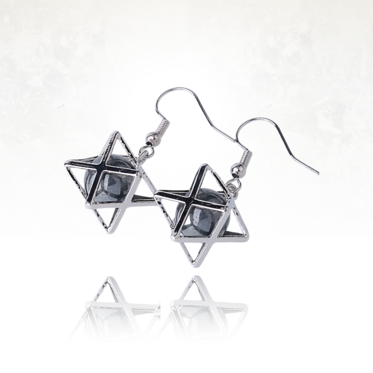 Pendants d’oreilles Merkaba avec pierre énergétique en son centre.