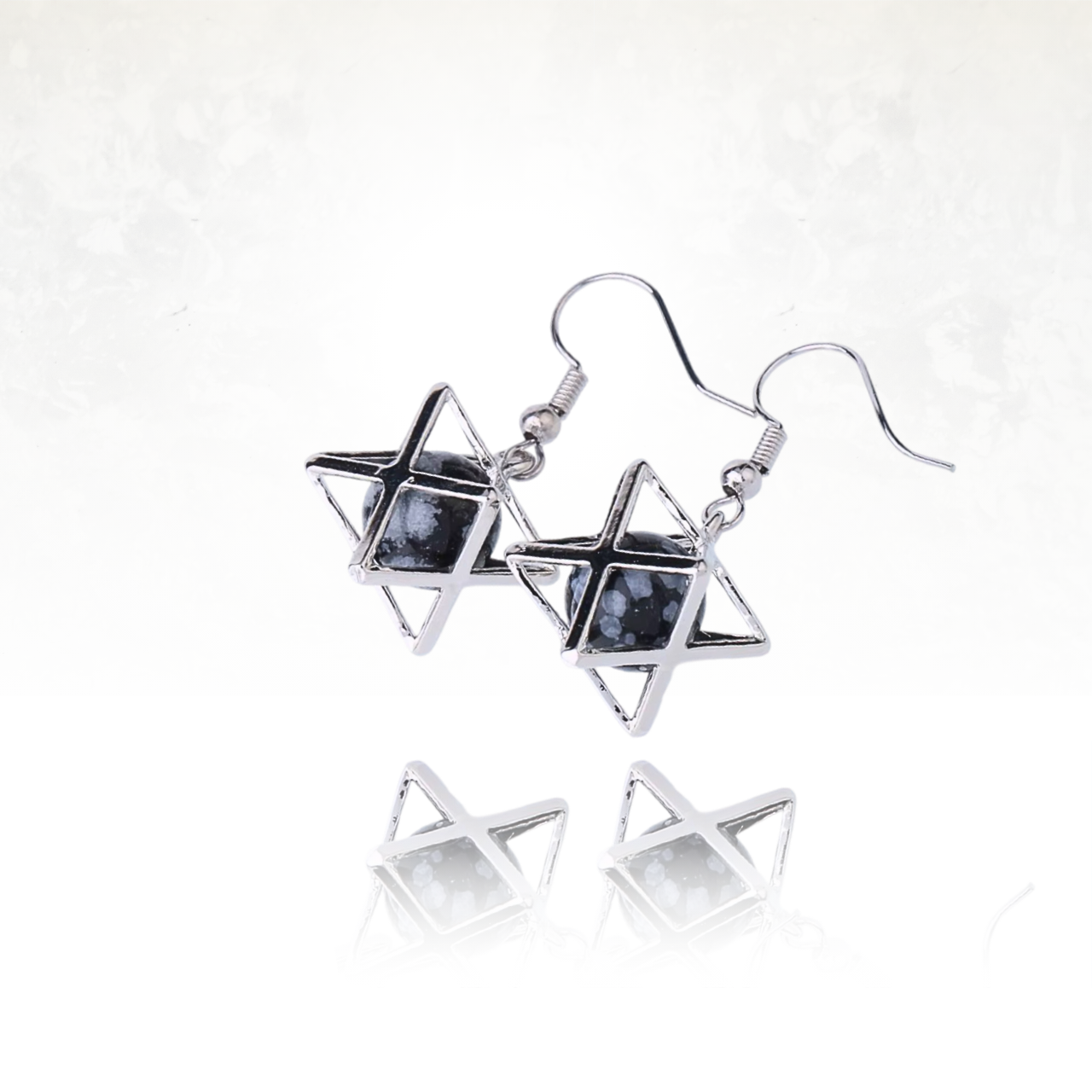 Boucles d’oreilles en forme de Merkaba avec pierre polie de quartz flocon de neige.