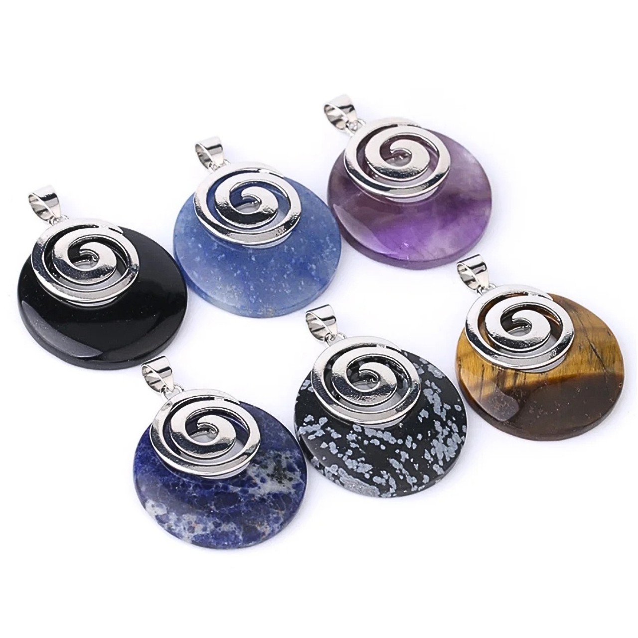 Pendentif circulaire en PIERRE NATURELLE avec motif métallique argenté