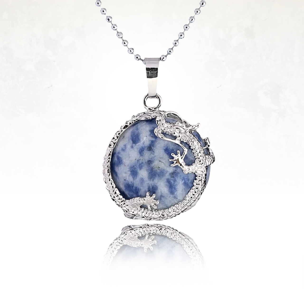 Collier élégant avec pendentif en jaspe bleue et motif dragon en cuivre