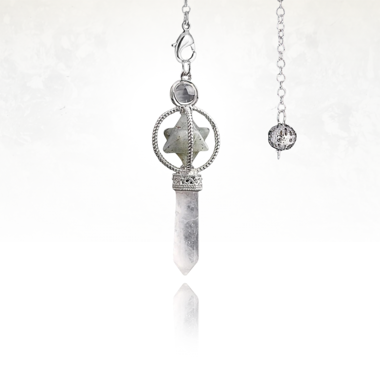 Pendule ésotérique en quartz et labradorite, idéal pour la divination.