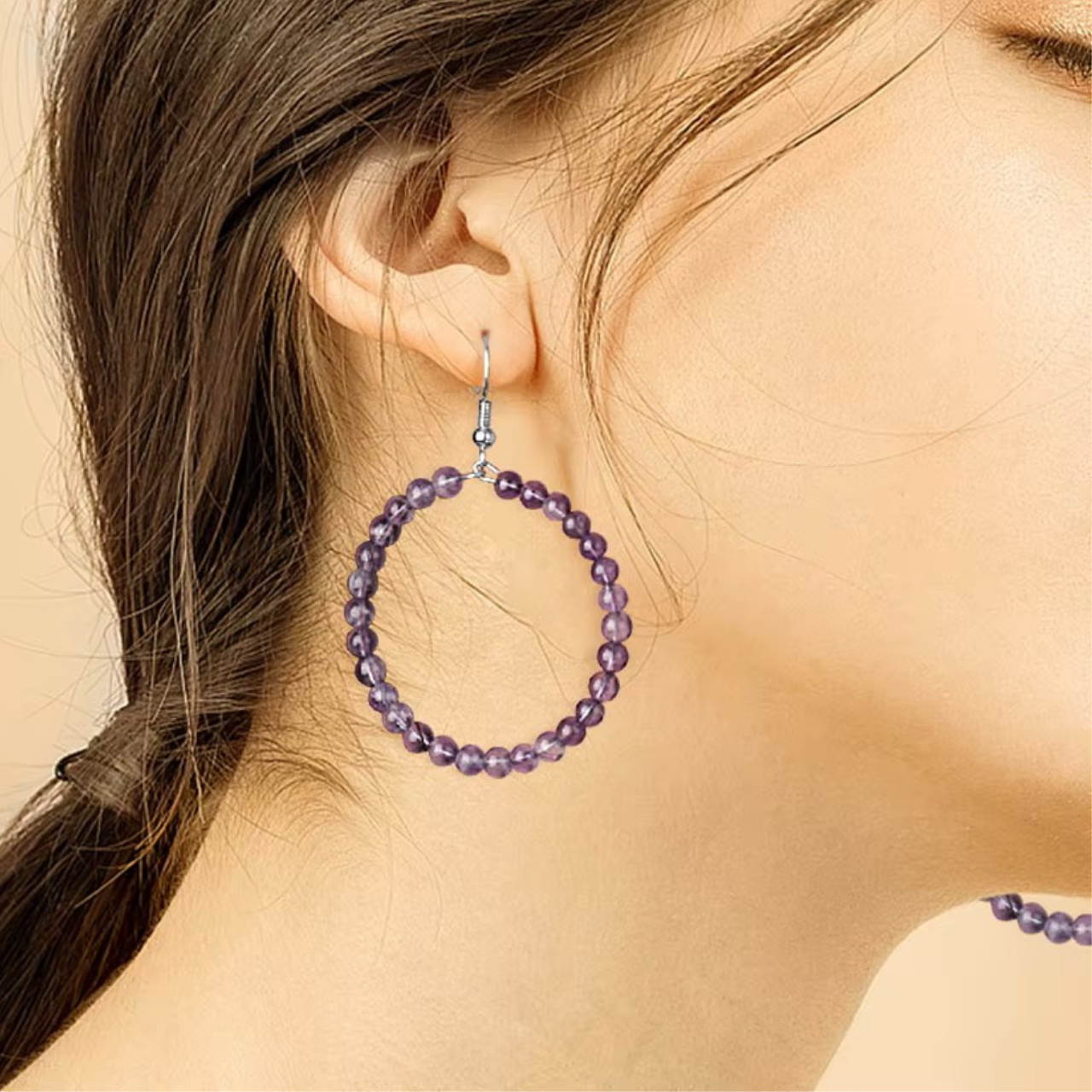 Boucles d'oreilles circulaires en améthyste naturelle