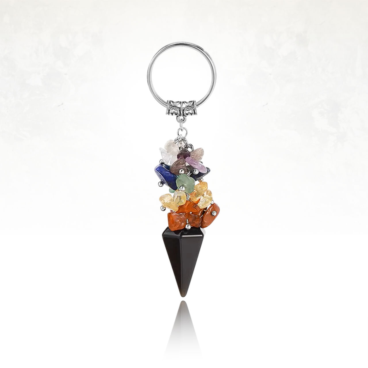 Porte-clé artisanal AVENTUM avec cristaux de guérison des chakras et pointe géométrique d'obsidienne