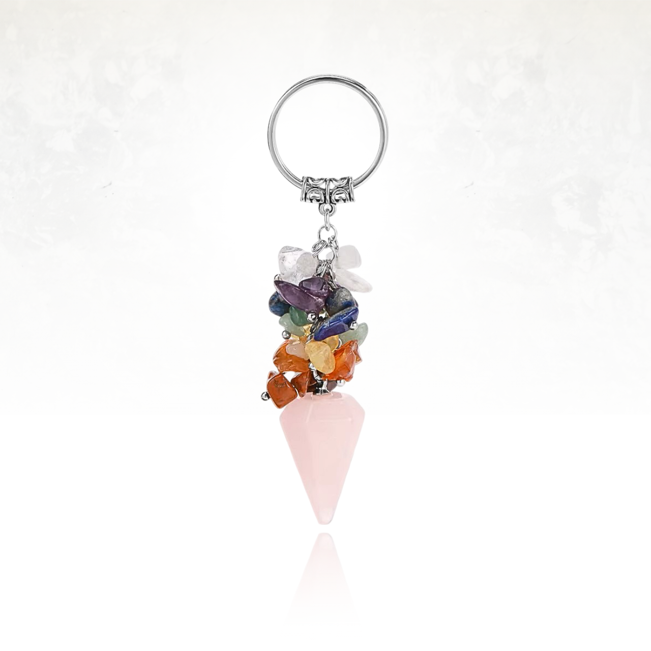 Porte-clĂ© Ă©nergĂ©tique AVENTUM avec pierres multicolores symbolisant lâalignement des chakras.