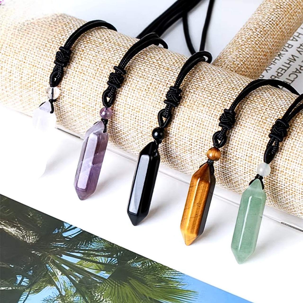 Collier en cristal de roche, amethyste, aventurine, onyx, oeil de tigre et quartz clair, pierre de protection et spiritualité