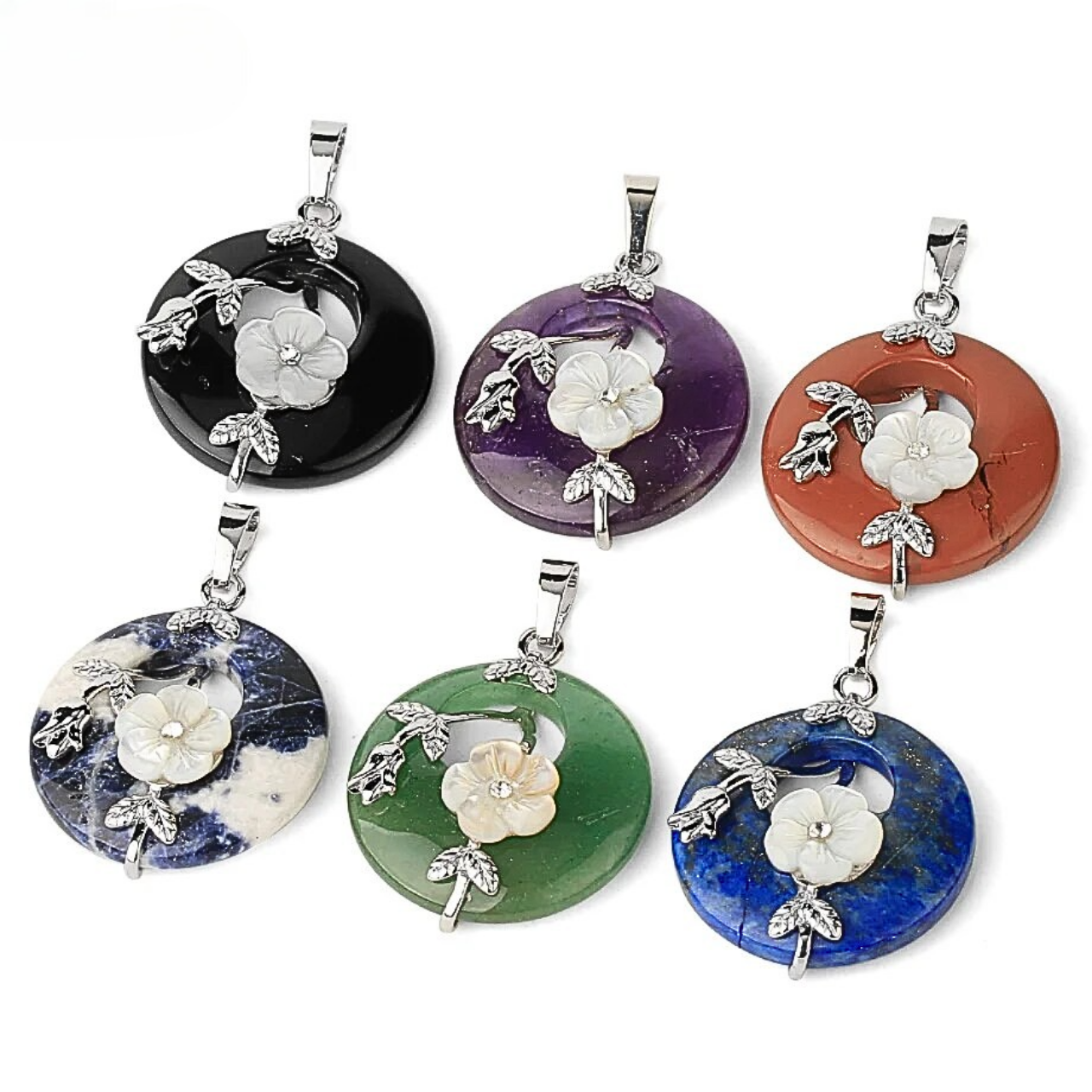 Bijou raffiné ZINYU avec pendentif circulaire en pierre naturelle et fleur blanche