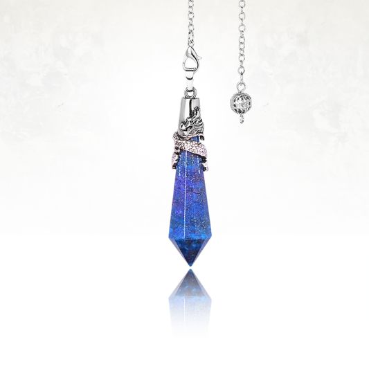 Pendule AIMKI en pierre naturelle DE LAPIS LAZULI avec ornement dragon argenté.

