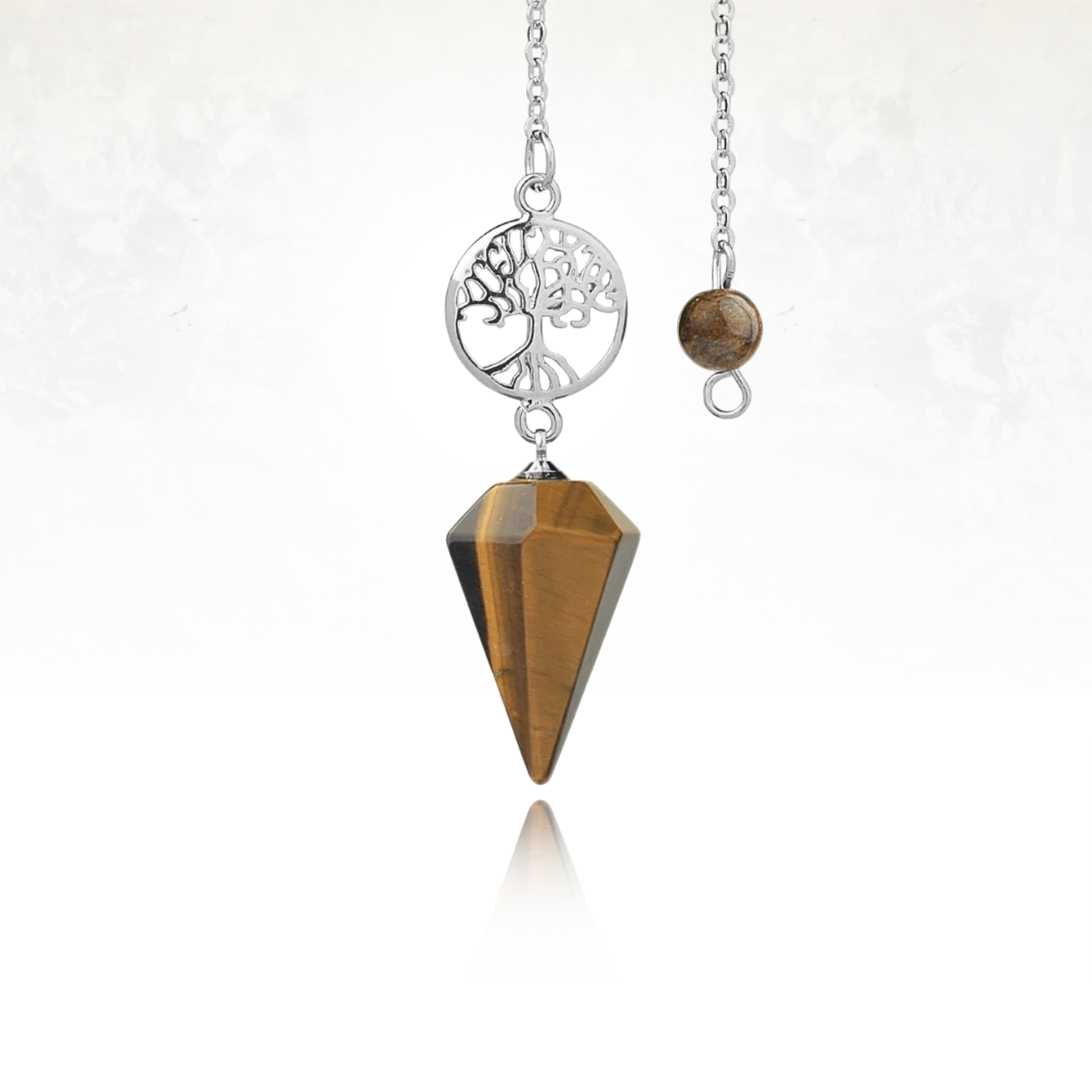 Pendule divinatoire en OEIL DE TIGRE avec médaillon arbre de vie.