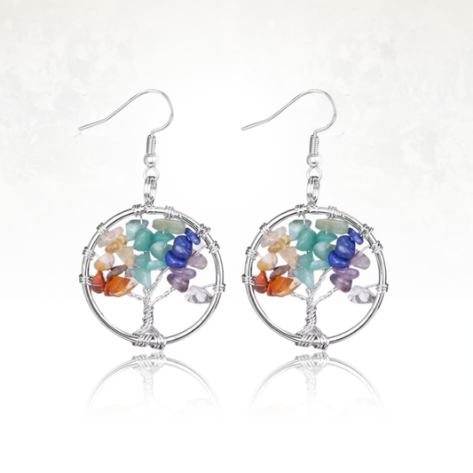 boucles d'oreilles aux couleurs des sept chakras, rouge, orange, jaune, vert, bleu clair, indigo, violet, blanc 