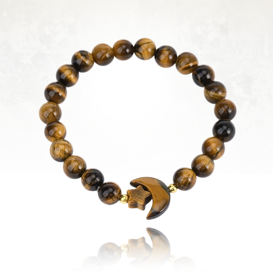 Bracelet CIELO avec une etoile et une lune en oeil de tigre, pierre de la confiance en soi