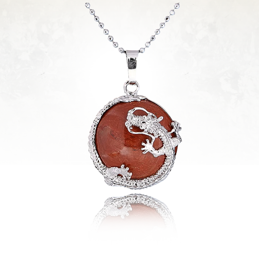 Collier SHIMU avec pendentif en jaspe rouge et dragon en cuivre argenté

