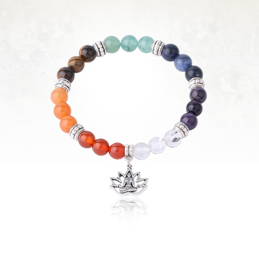 Bracelet LOTOMA en pierres naturelles aux couleurs des 7 chakras, orné d’un pendentif lotus symbolisant l’éveil spirituel.