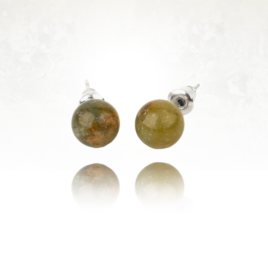 Boucles d'oreilles rondes en agate indienne polie avec reflets naturels.