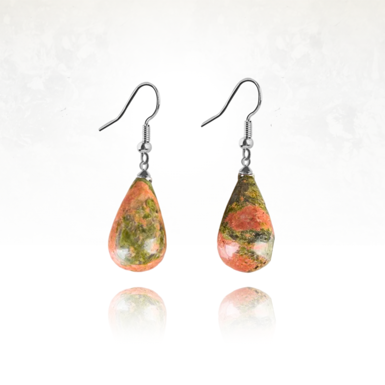 Bijoux en pierre naturelle : boucles d'oreilles pendantes en unakite et en forme de goutte d'eau